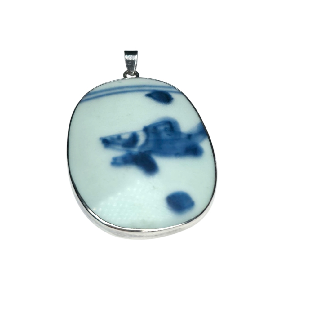 Antique Ming Blue White Porcelain Shard Sterling Silver Bezel Pendant
